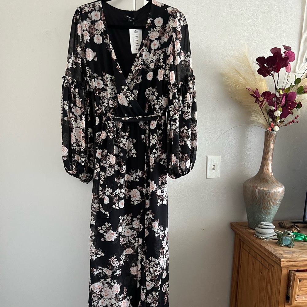 Black Floral Lightweight Maxi, Revival 23 Dress, Size L, TAGS
